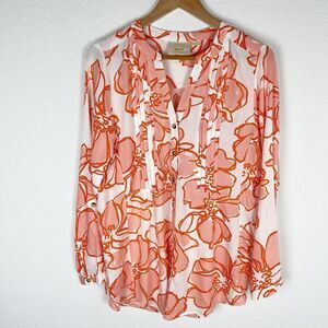 Maeve By Anthropologie Womens Blouse Top Medium White Orange Floral Long Sleeve​